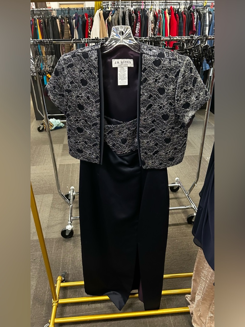 J.R. Nites Navy Dress with Silver Lace Bolero